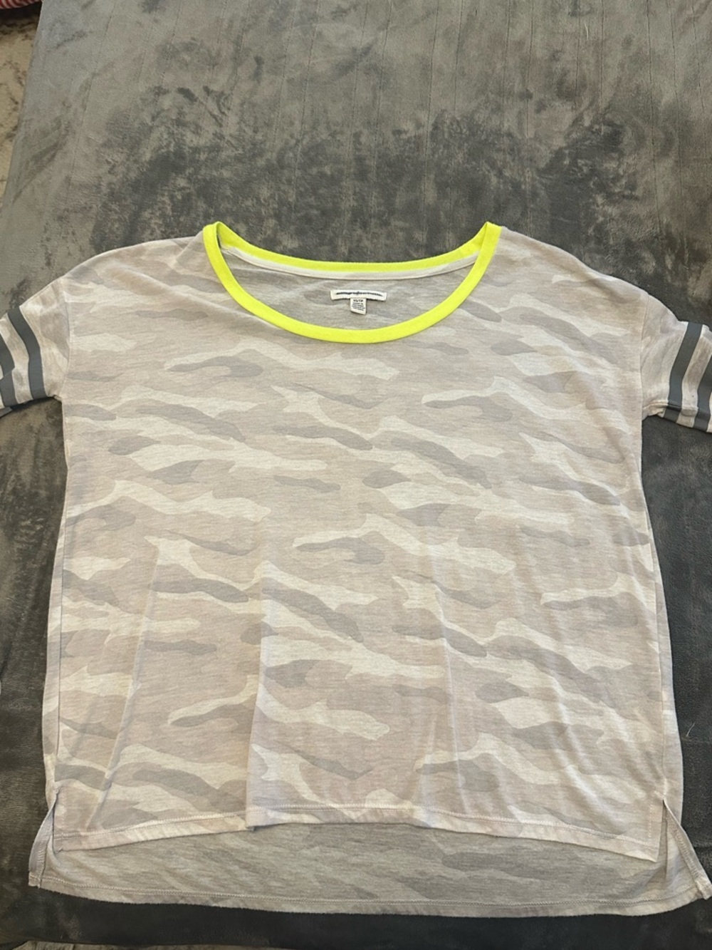 American Eagle Outfitters Neutral Camo Short Sleeve Tee with Neon Yellow Trim